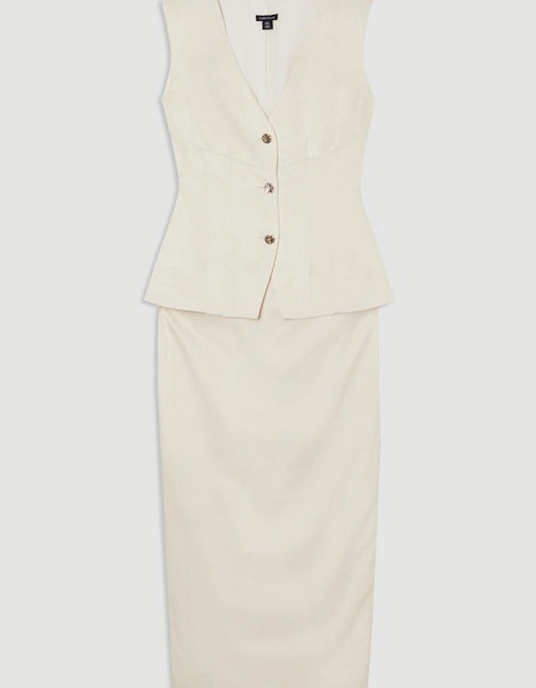 Premium Viscose Linen Tailored Ruffle Pencil Midi Dress