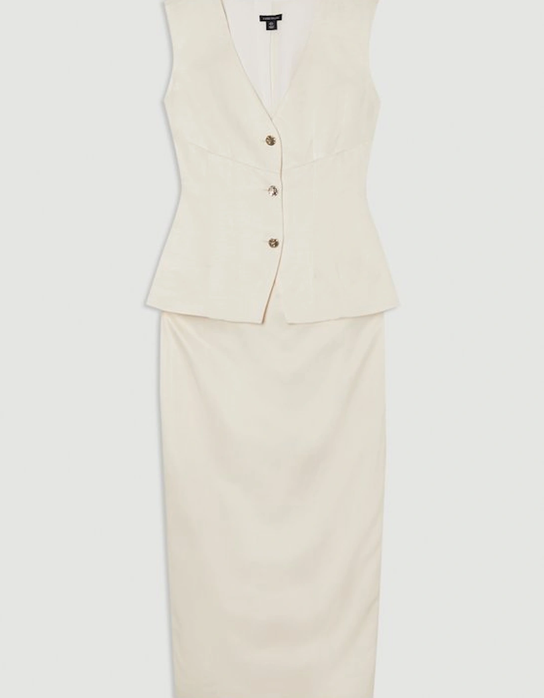 Premium Viscose Linen Tailored Ruffle Pencil Midi Dress