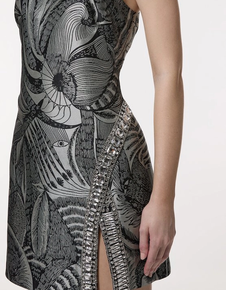 Tall Crystal Embellished Jacquard Woven Thigh Split Mini Dress