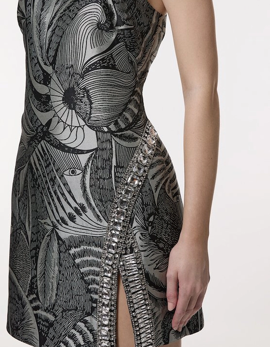 Tall Crystal Embellished Jacquard Woven Thigh Split Mini Dress