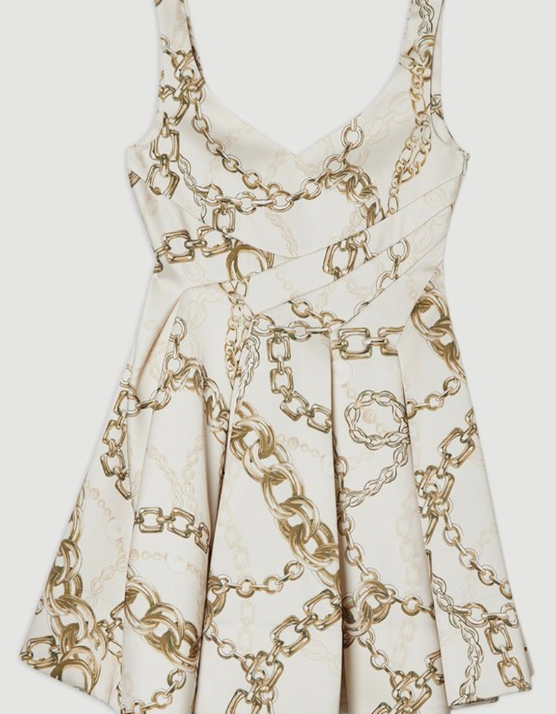 Structured Viscose Satin Chain Print Tailored Prom Mini Dress