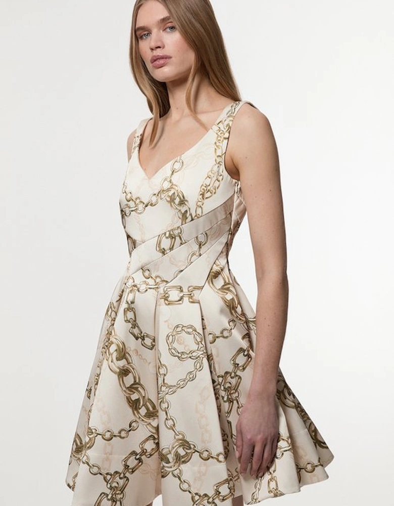 Structured Viscose Satin Chain Print Tailored Prom Mini Dress