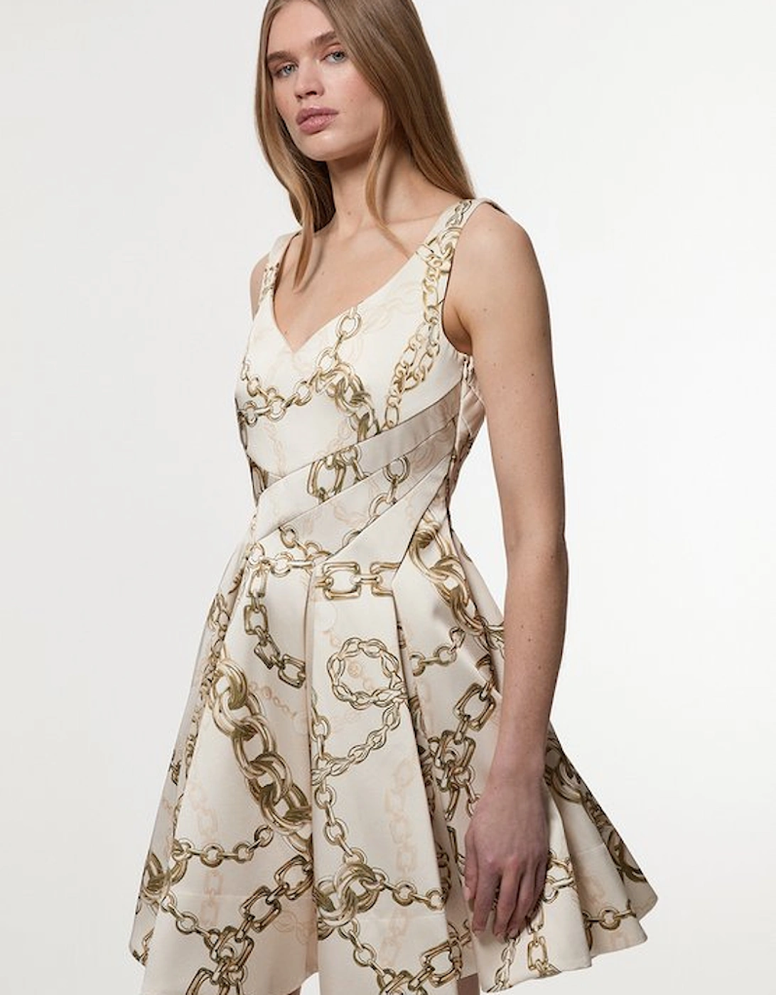 Structured Viscose Satin Chain Print Tailored Prom Mini Dress