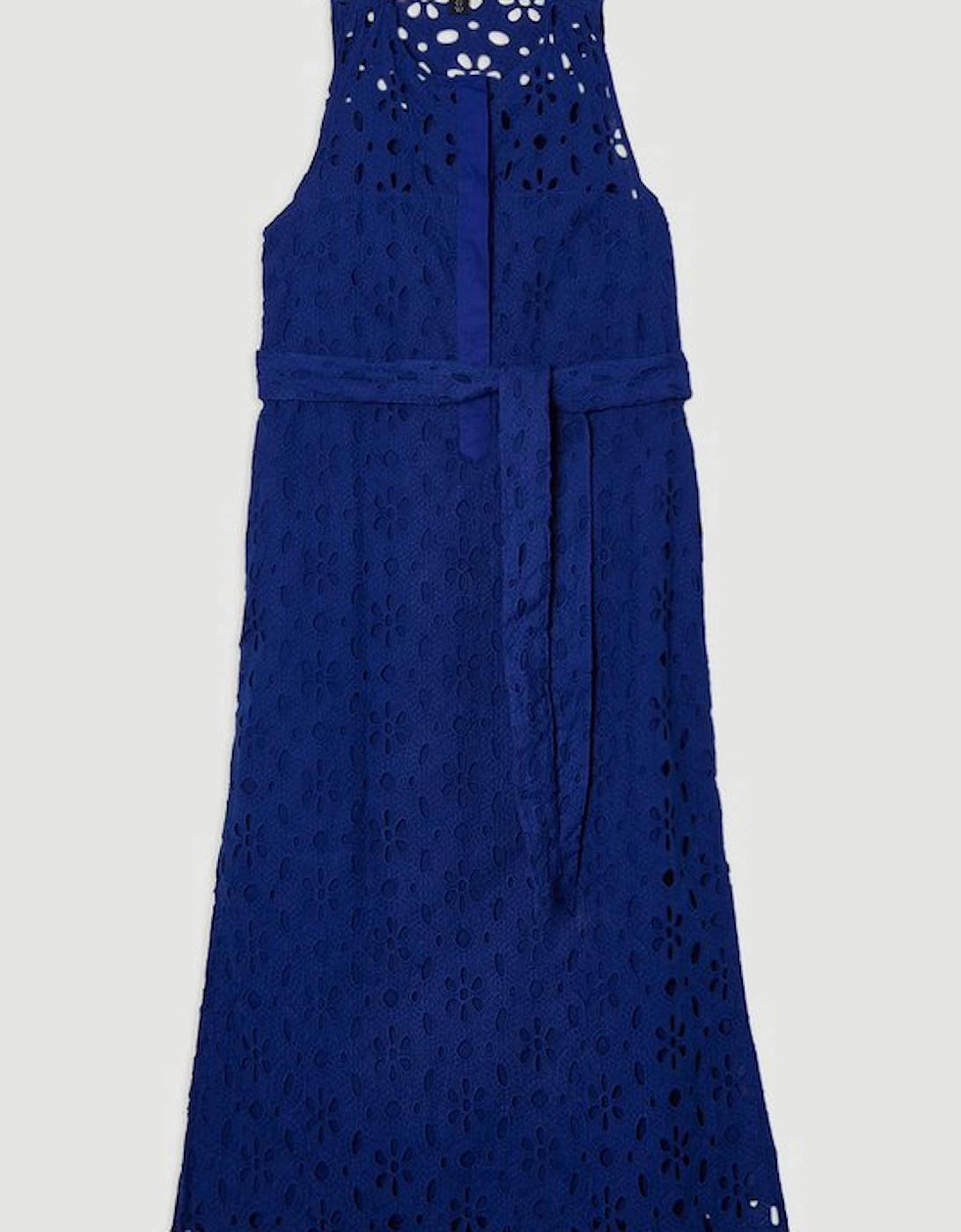 Cotton Broderie Sleeveless Belted Midi Woven Dress