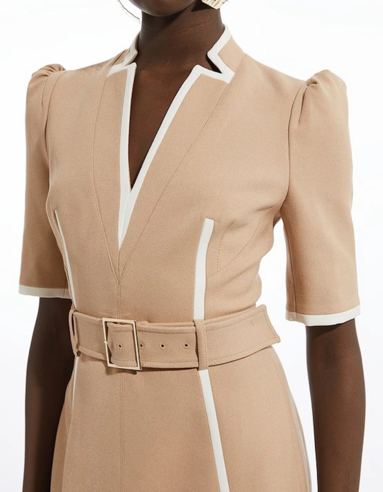 Petite Compact Stretch Contrast Tipped Forever Belted Tailored Midi Dress