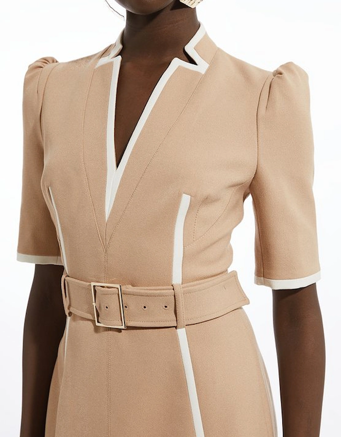 Petite Compact Stretch Contrast Tipped Forever Belted Tailored Midi Dress
