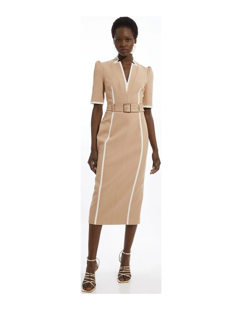 Petite Compact Stretch Contrast Tipped Forever Belted Tailored Midi Dress