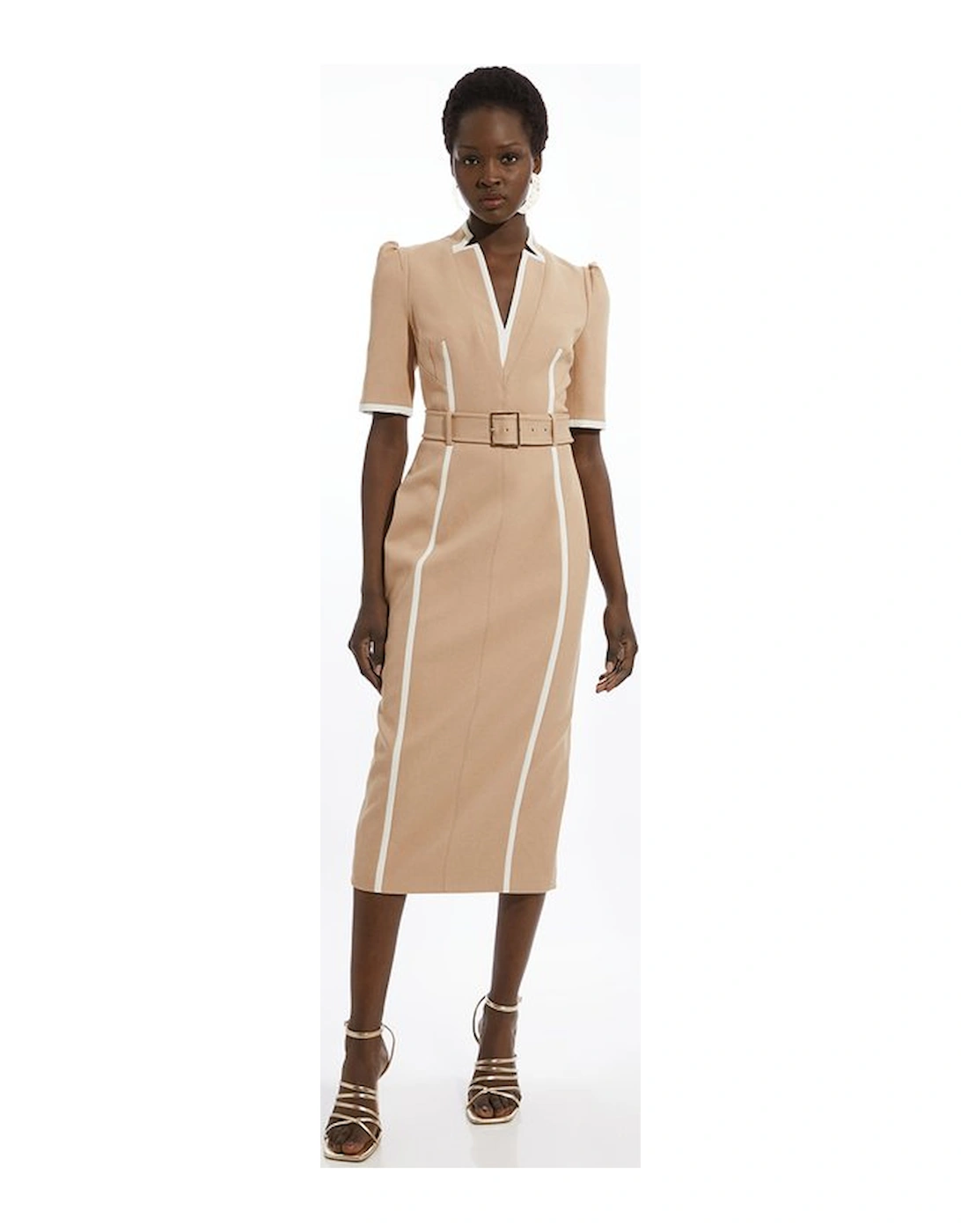 Petite Compact Stretch Contrast Tipped Forever Belted Tailored Midi Dress, 4 of 3