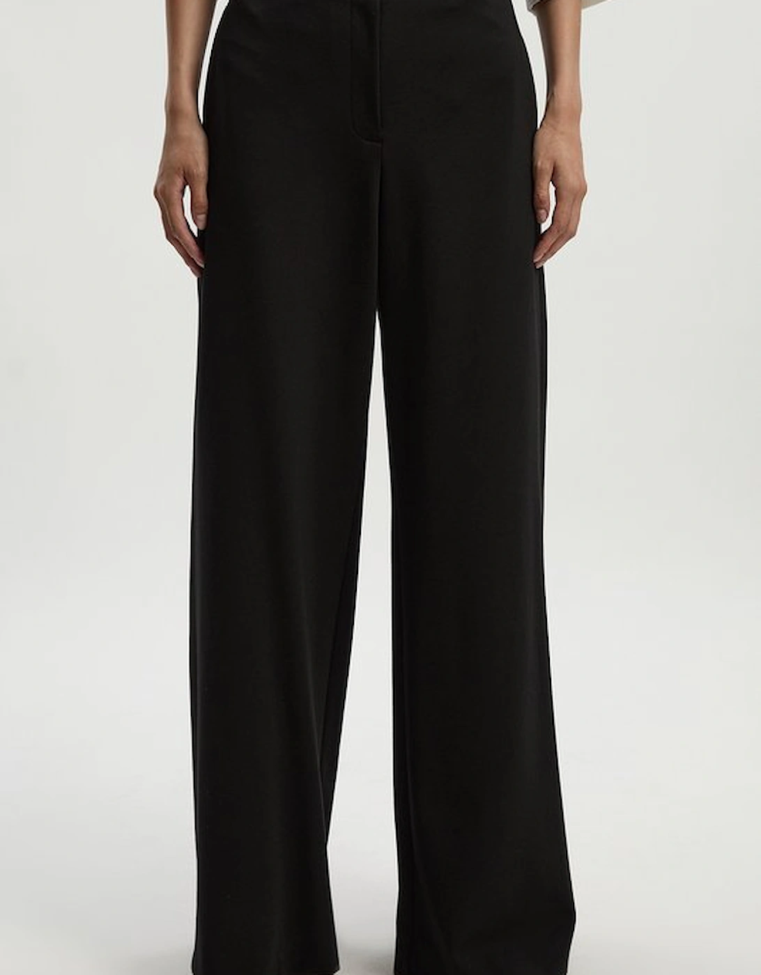 Ponte And Pu Mix Tab Detail Tailored Wide Leg Trouser