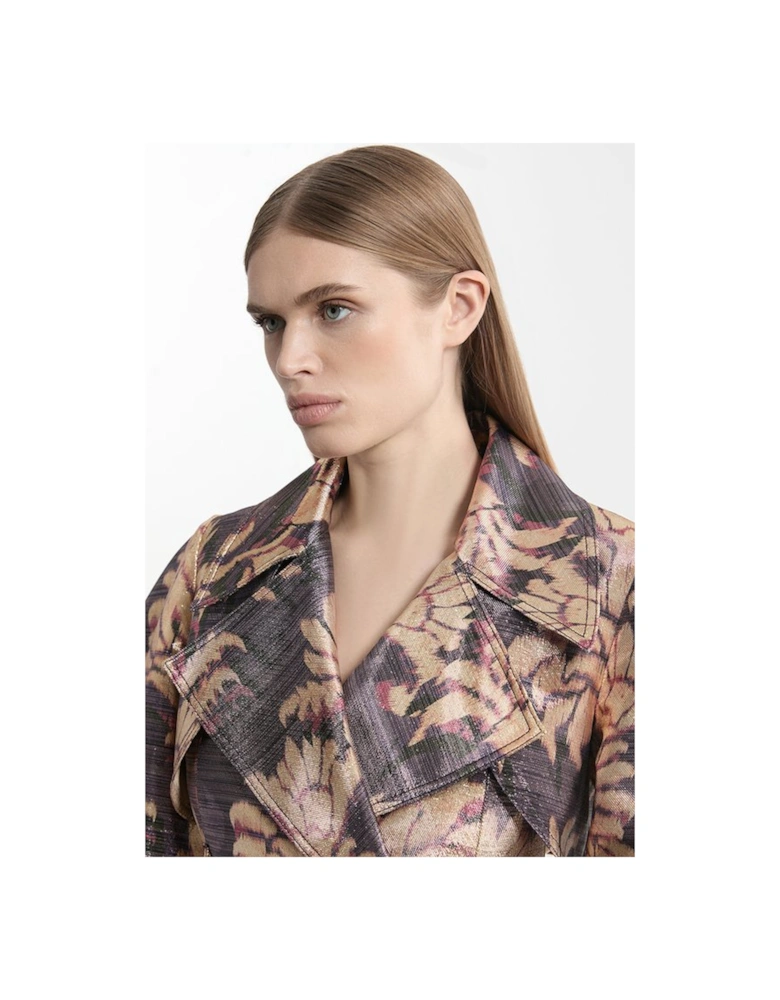 Petite Metallic Floral Tailored Trench Maxi Coat
