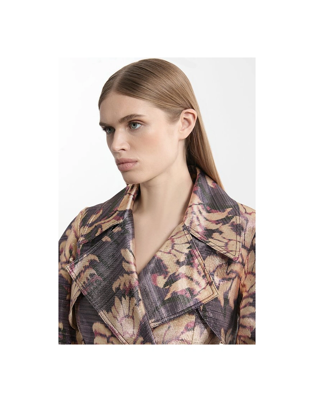Petite Metallic Floral Tailored Trench Maxi Coat