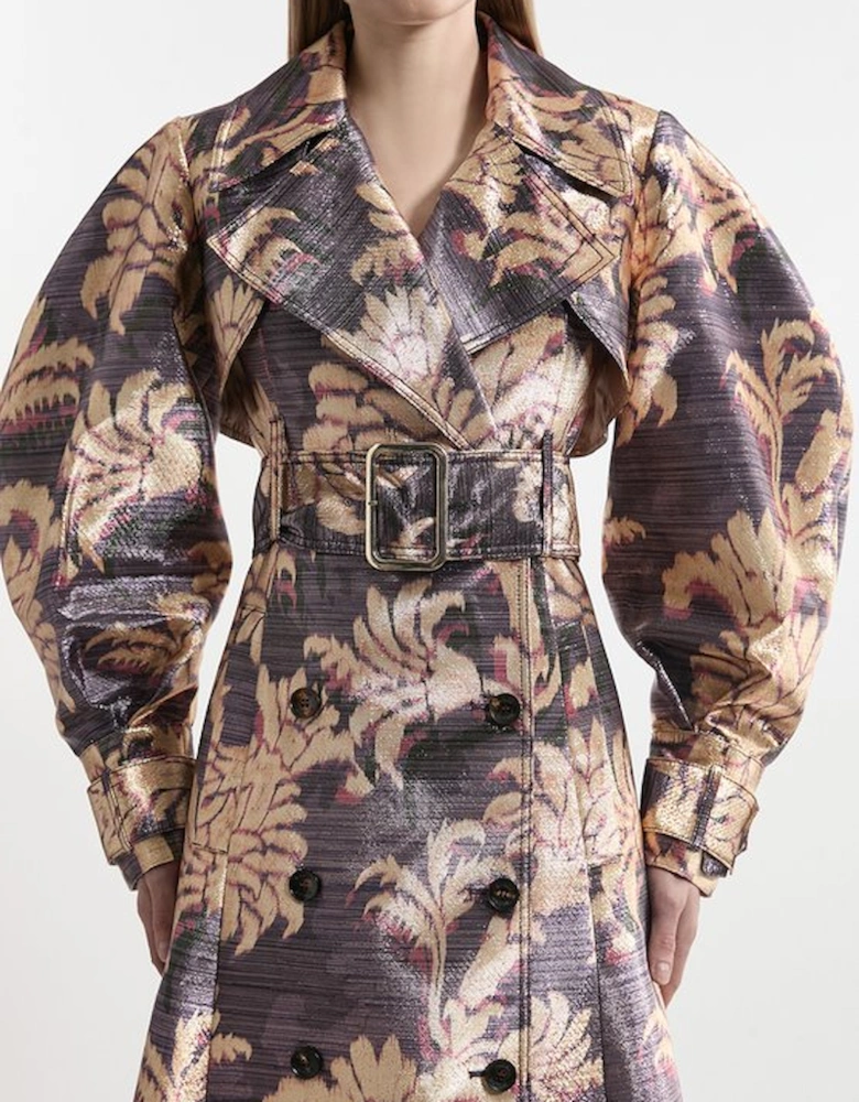 Petite Metallic Floral Tailored Trench Maxi Coat