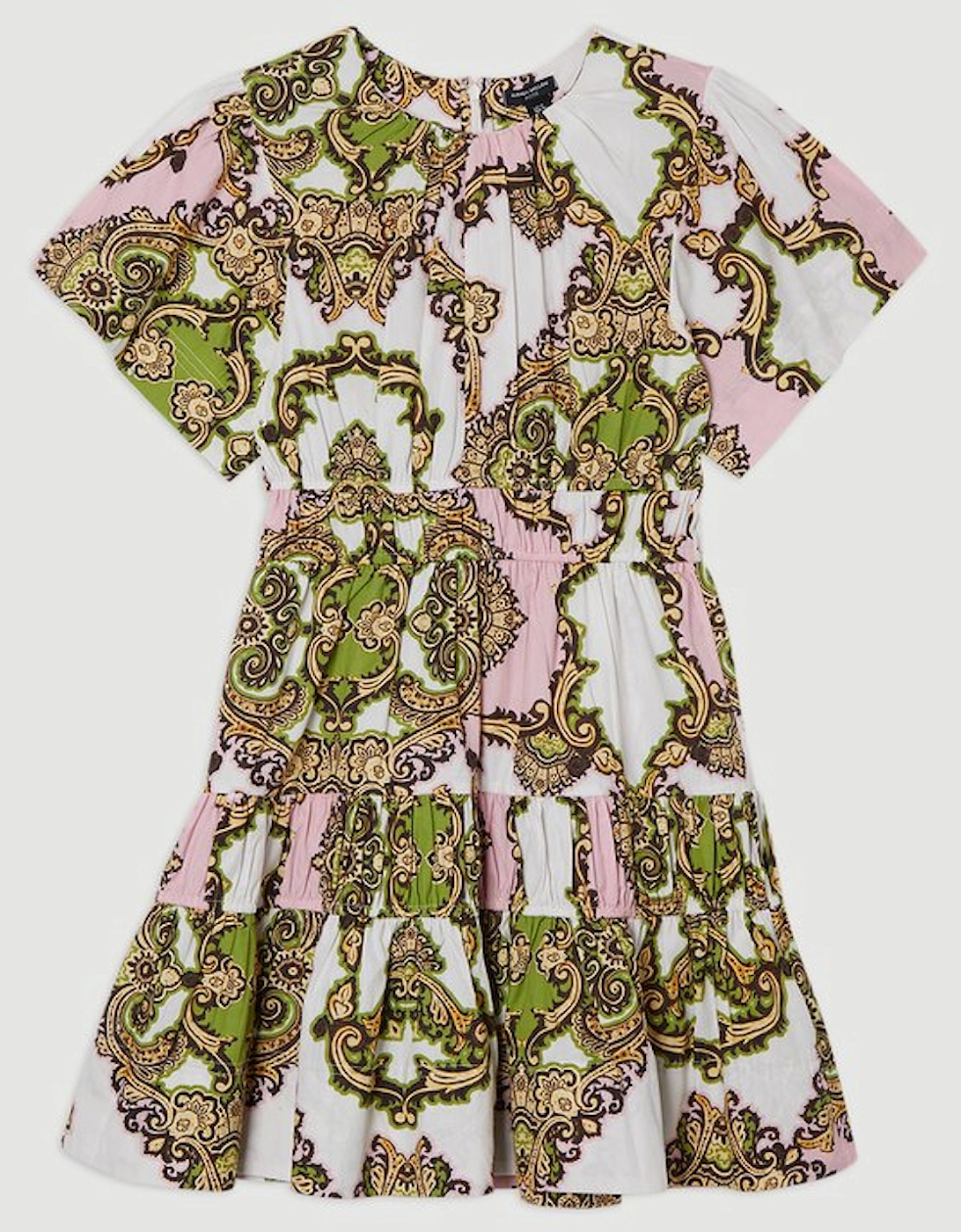 Shirred Cotton Tiered Tile Print Woven Mini Dress