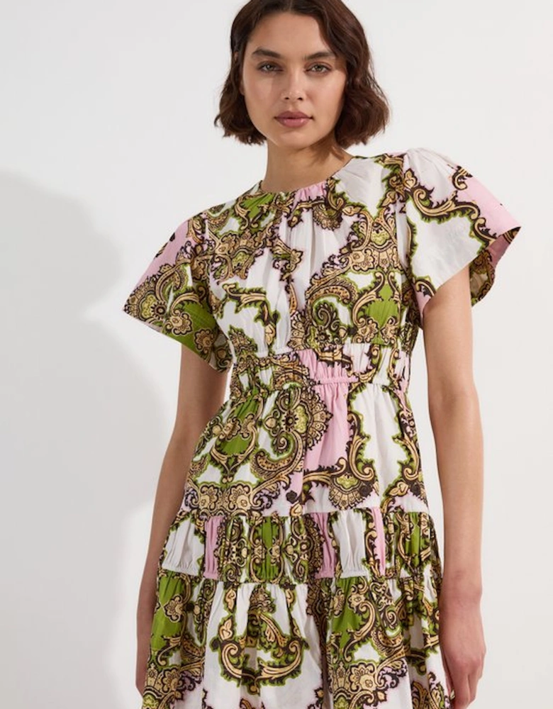 Shirred Cotton Tiered Tile Print Woven Mini Dress