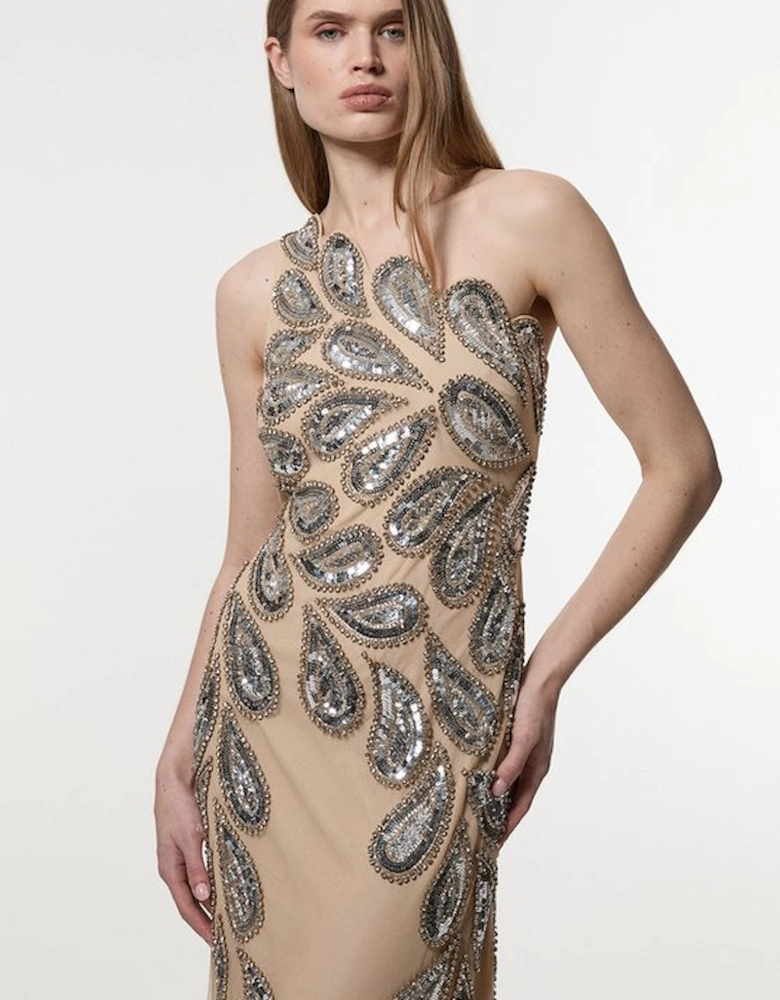 Paisley Embellished One Shoulder Maxi Dress