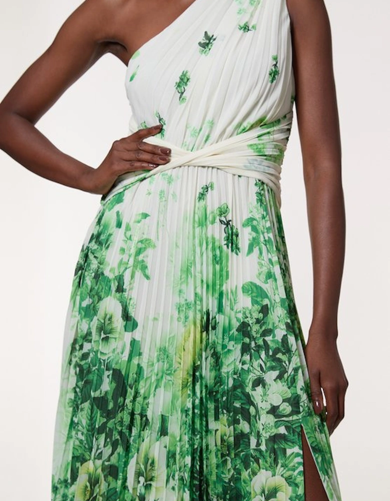 Ombre Floral Soft Pleated One Shoulder Woven Maxi Dress