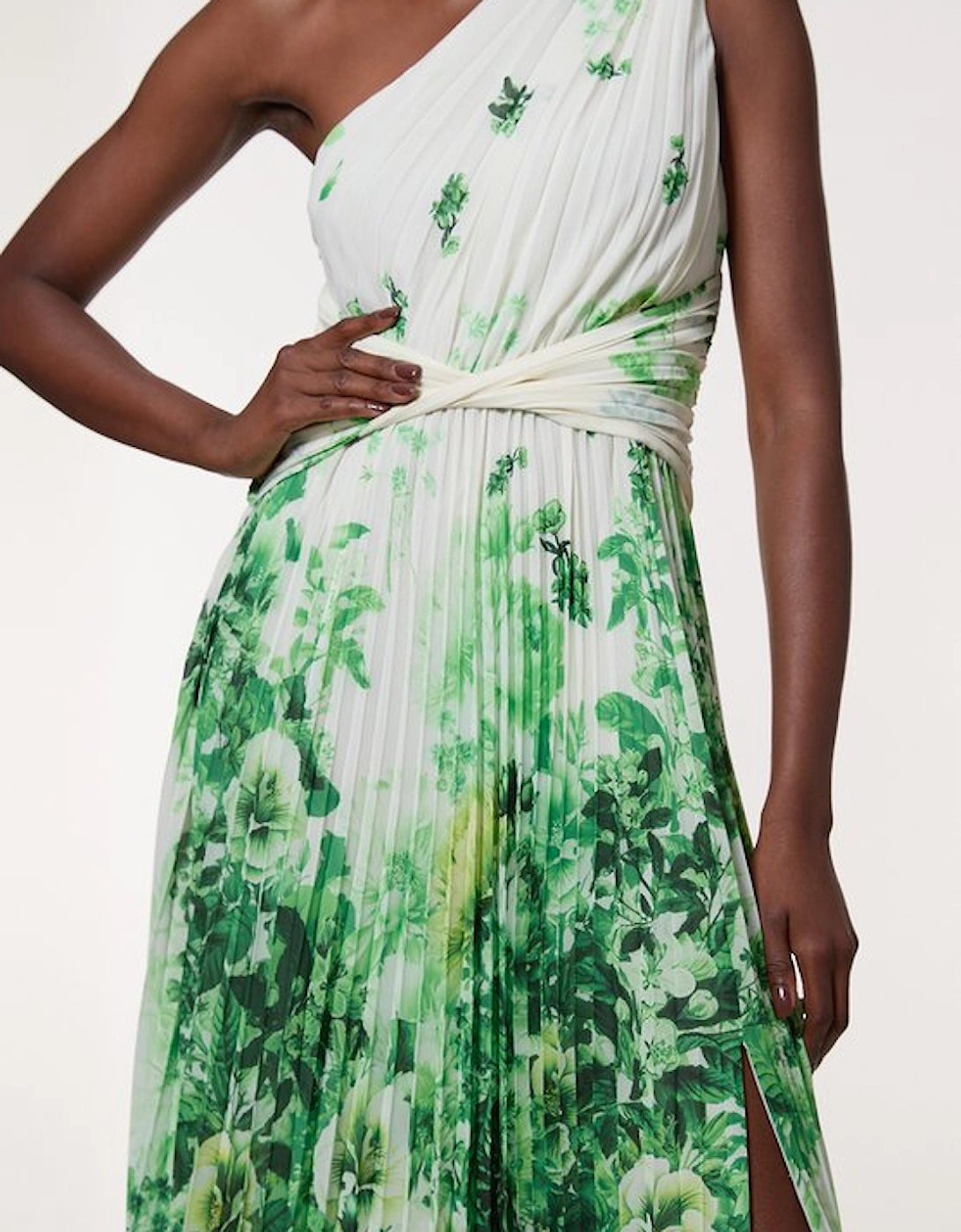Ombre Floral Soft Pleated One Shoulder Woven Maxi Dress