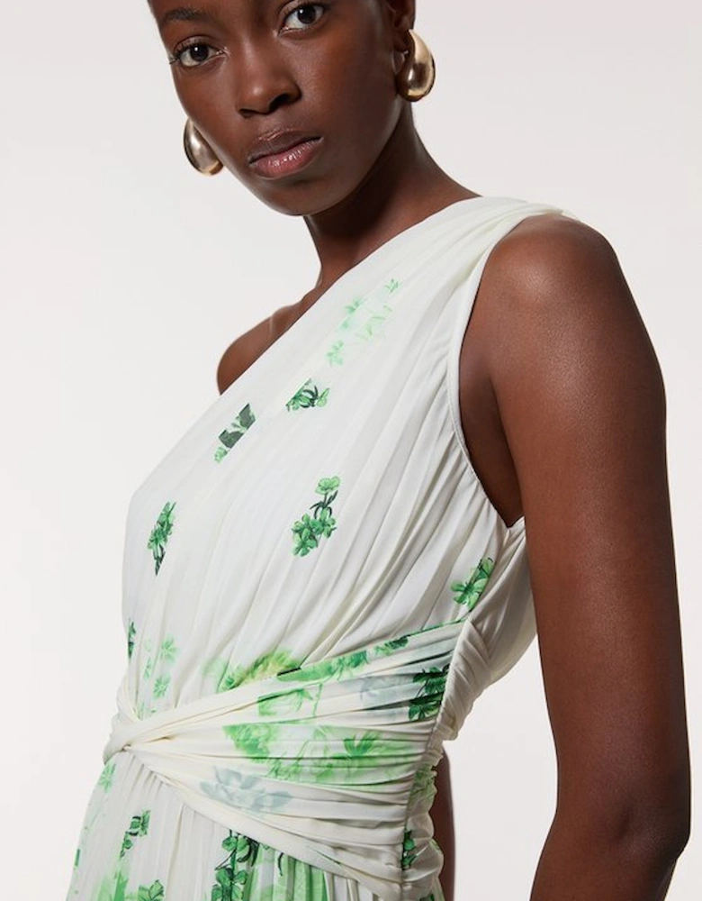 Ombre Floral Soft Pleated One Shoulder Woven Maxi Dress