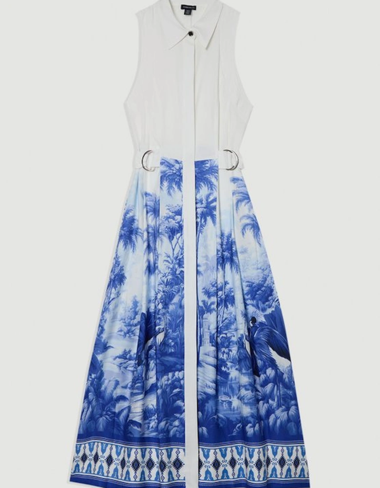 Viscose Linen Scenic Print With Top Stitch Belted Woven Midi Dress