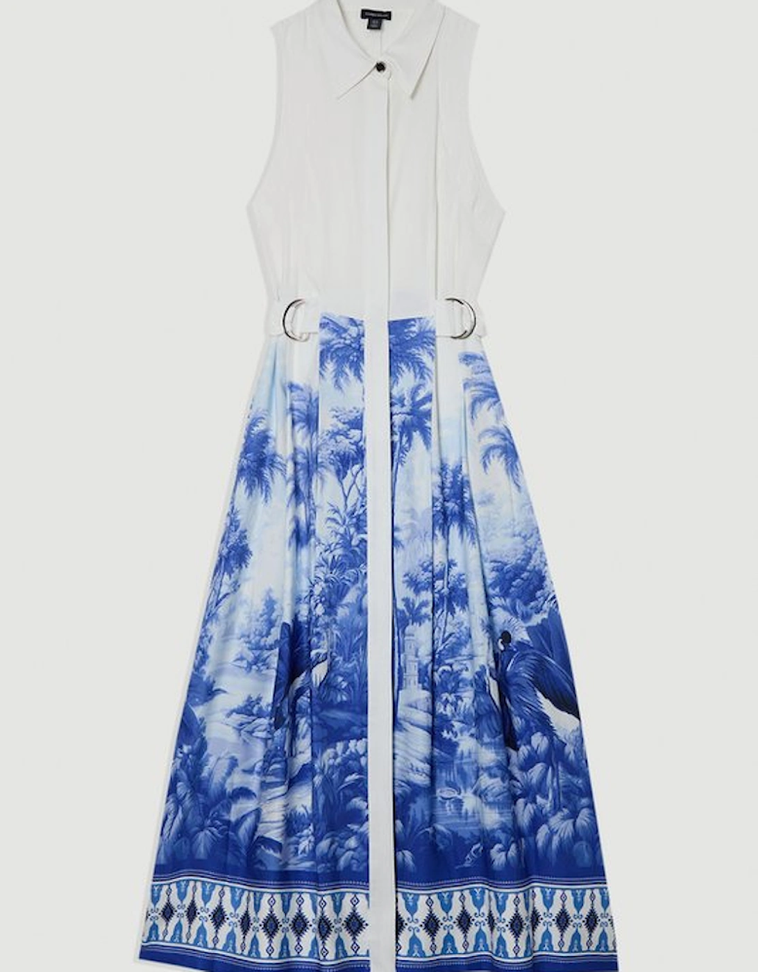 Viscose Linen Scenic Print With Top Stitch Belted Woven Midi Dress