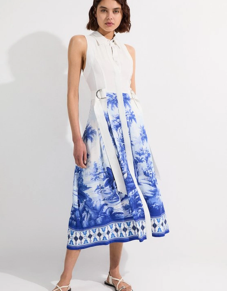Viscose Linen Scenic Print With Top Stitch Belted Woven Midi Dress