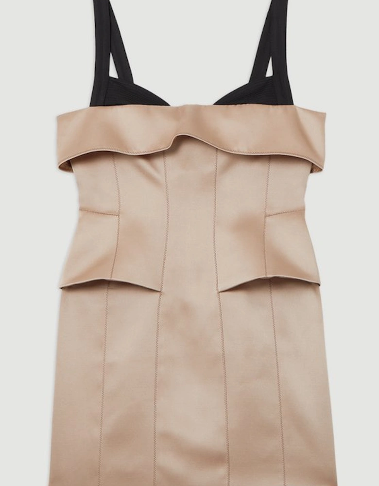 Structured Viscose Satin Stitch Detail Tailored Peplum Mini Dress