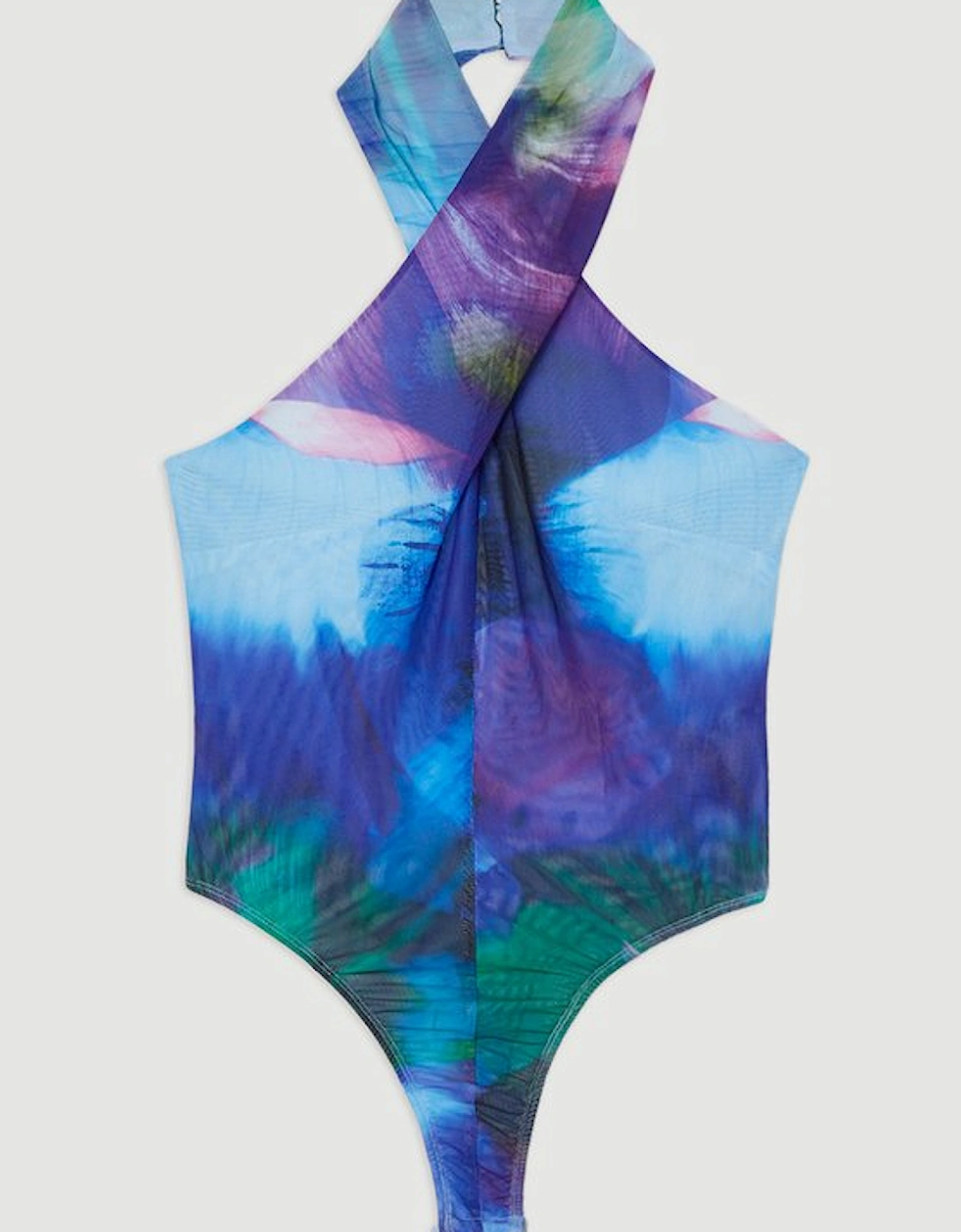 Printed Mesh Cross Neck Bodysuit