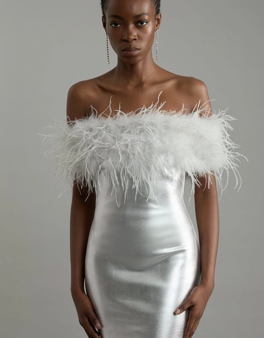 Foiled Figure Form Bandage Knit Feather Bardot Mini Dress, 5 of 4