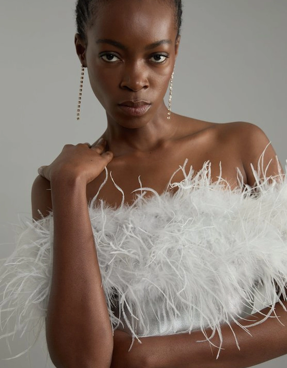 Foiled Figure Form Bandage Knit Feather Bardot Mini Dress