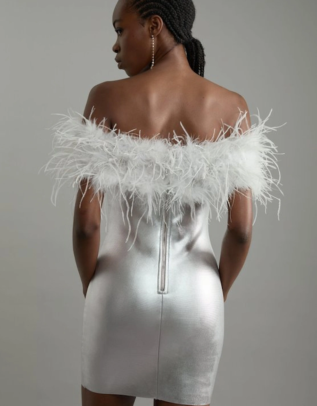 Foiled Figure Form Bandage Knit Feather Bardot Mini Dress