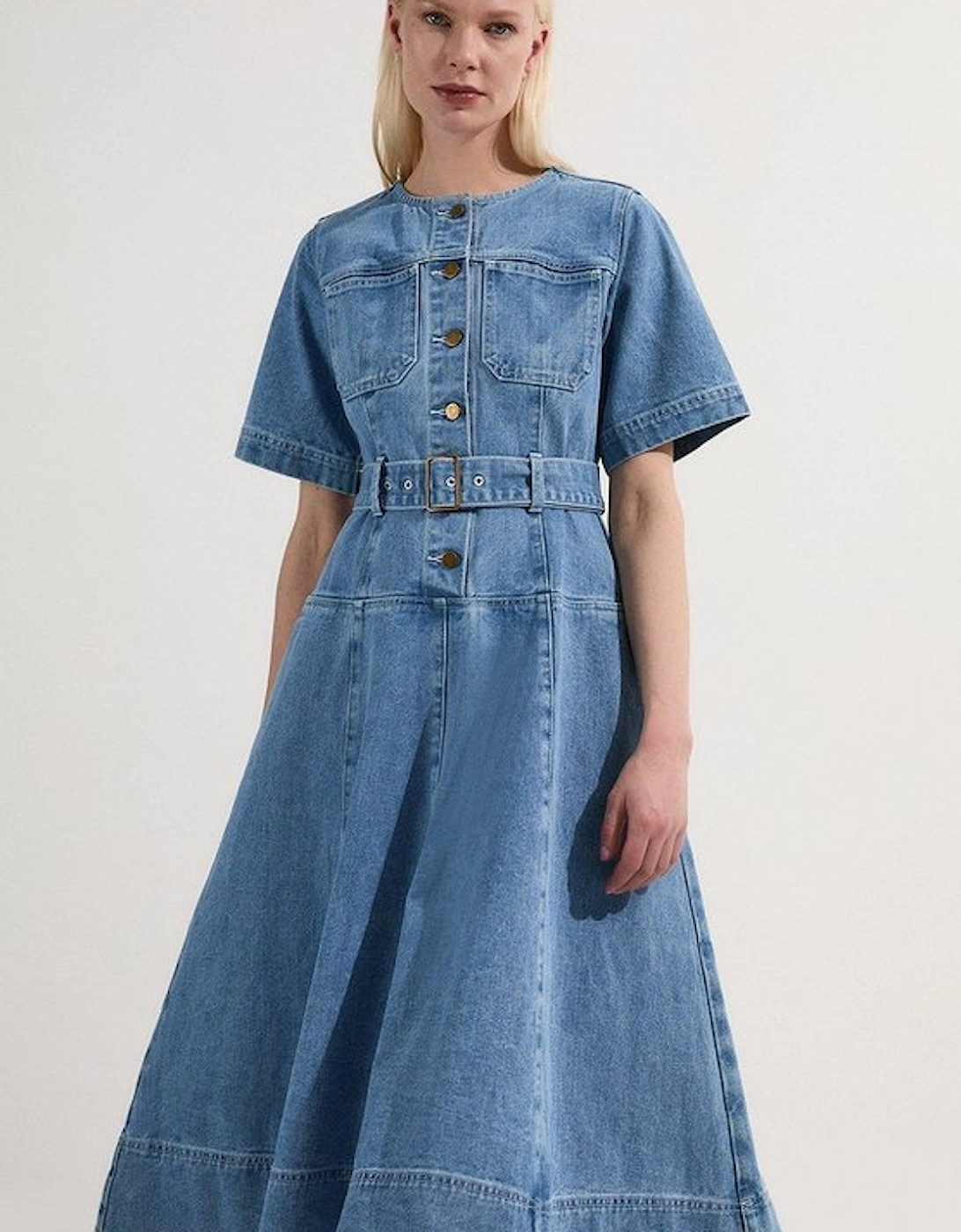 Petite Denim Soft Wash Short Sleeve Belted Midi Dress