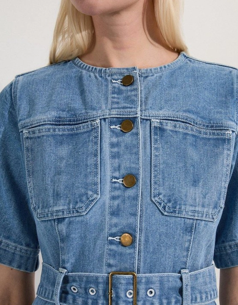 Petite Denim Soft Wash Short Sleeve Belted Midi Dress