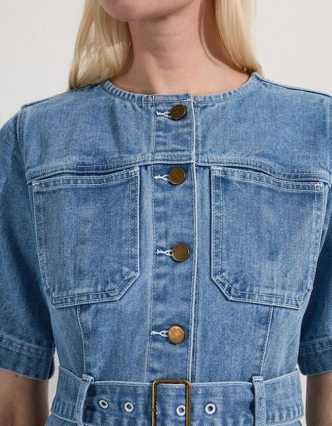 Petite Denim Soft Wash Short Sleeve Belted Midi Dress