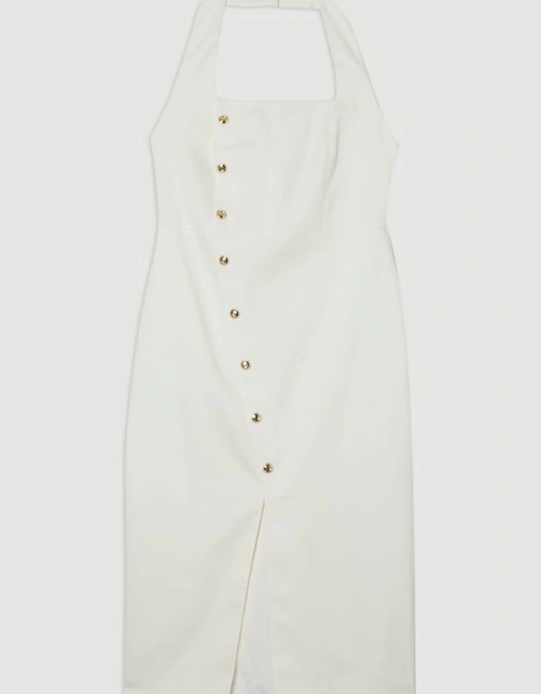 Tailored Denim Halter Neck Pencil Midi Dress