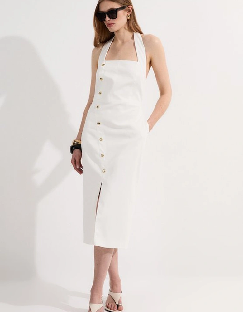 Tailored Denim Halter Neck Pencil Midi Dress