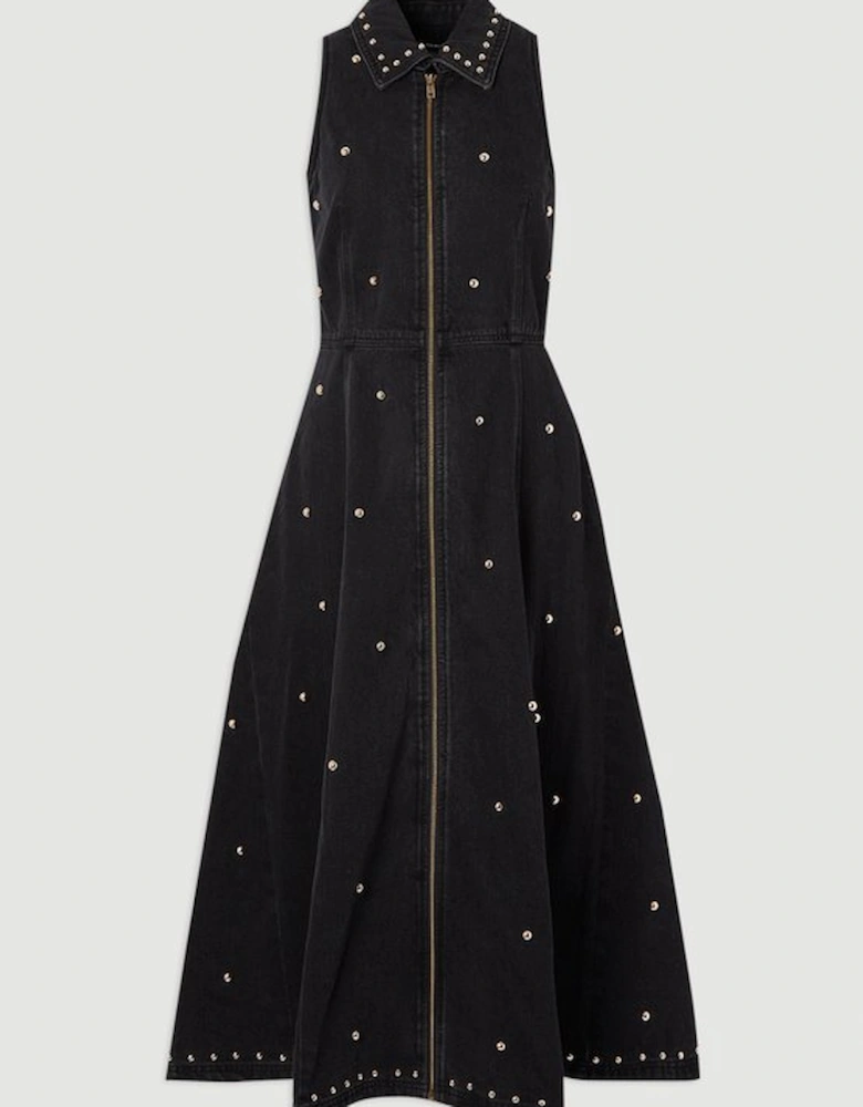 Denim Studded Sleeveless Midi Dress
