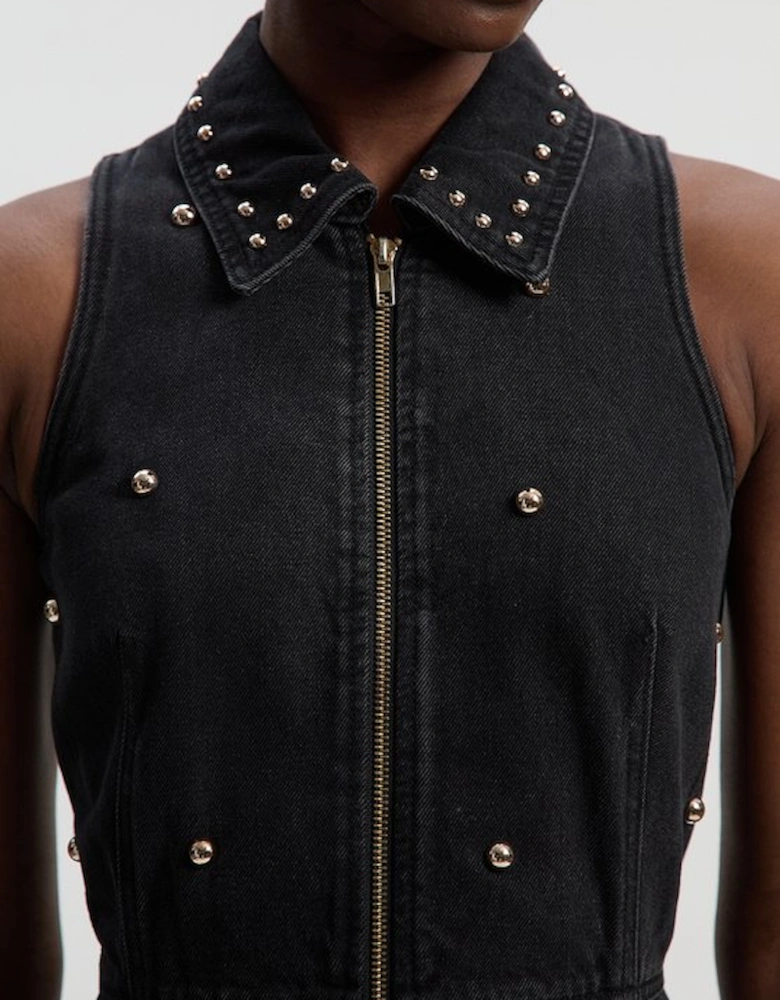 Denim Studded Sleeveless Midi Dress