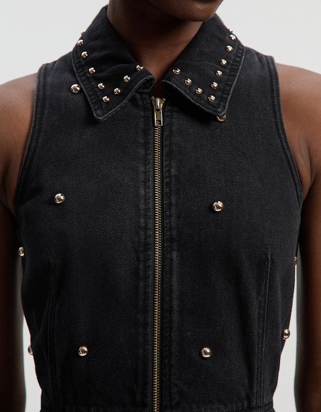 Denim Studded Sleeveless Midi Dress