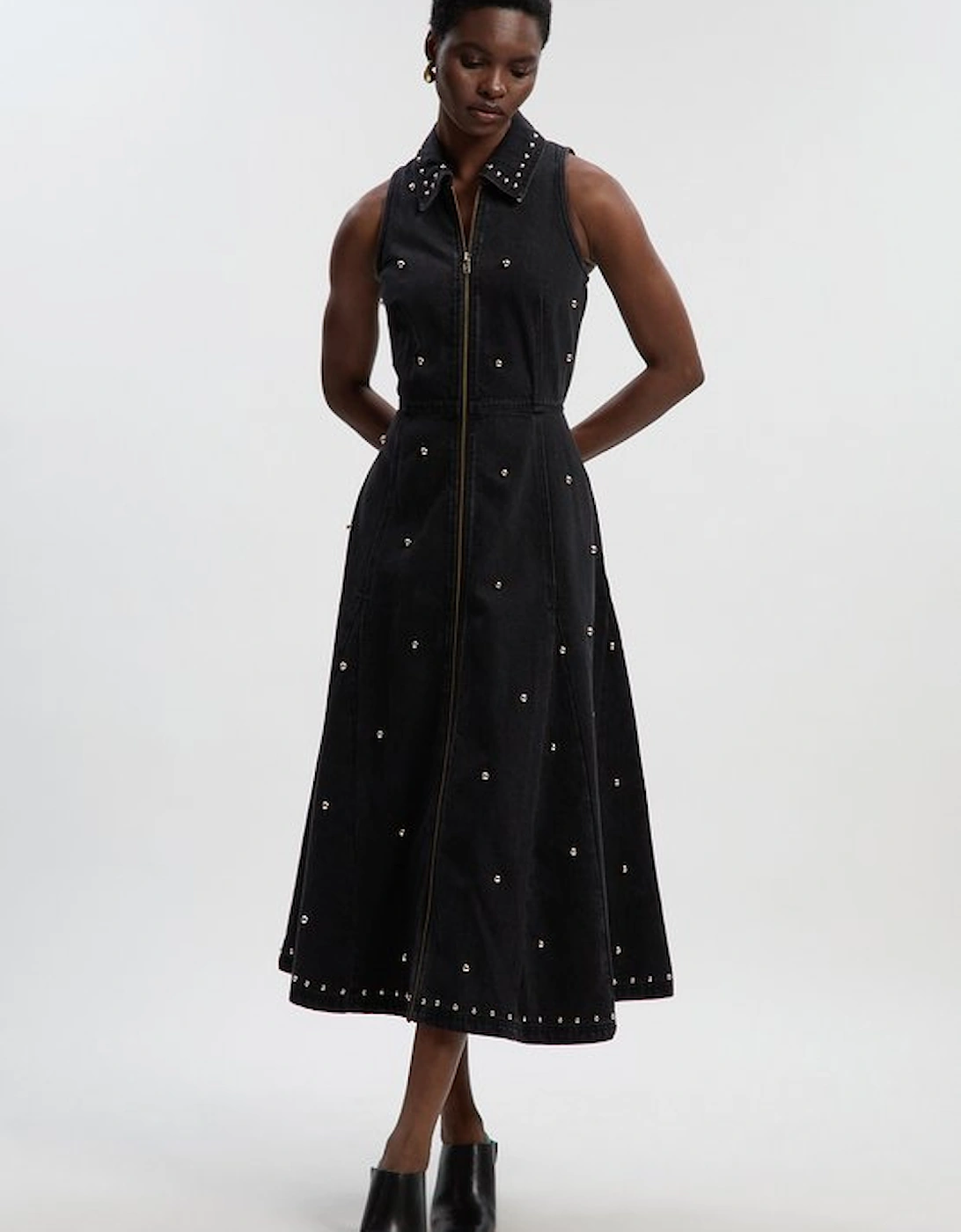 Denim Studded Sleeveless Midi Dress, 5 of 4