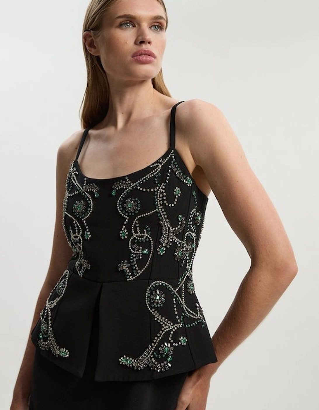 Crystal Embellished Peplum Bandeau Pencil Midi Dress