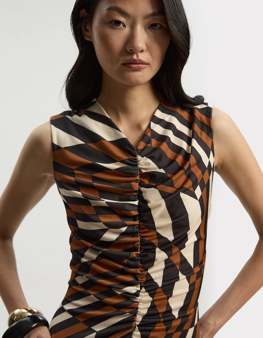 Geo Printed Jersey Crepe Hanky Hem Maxi Dress