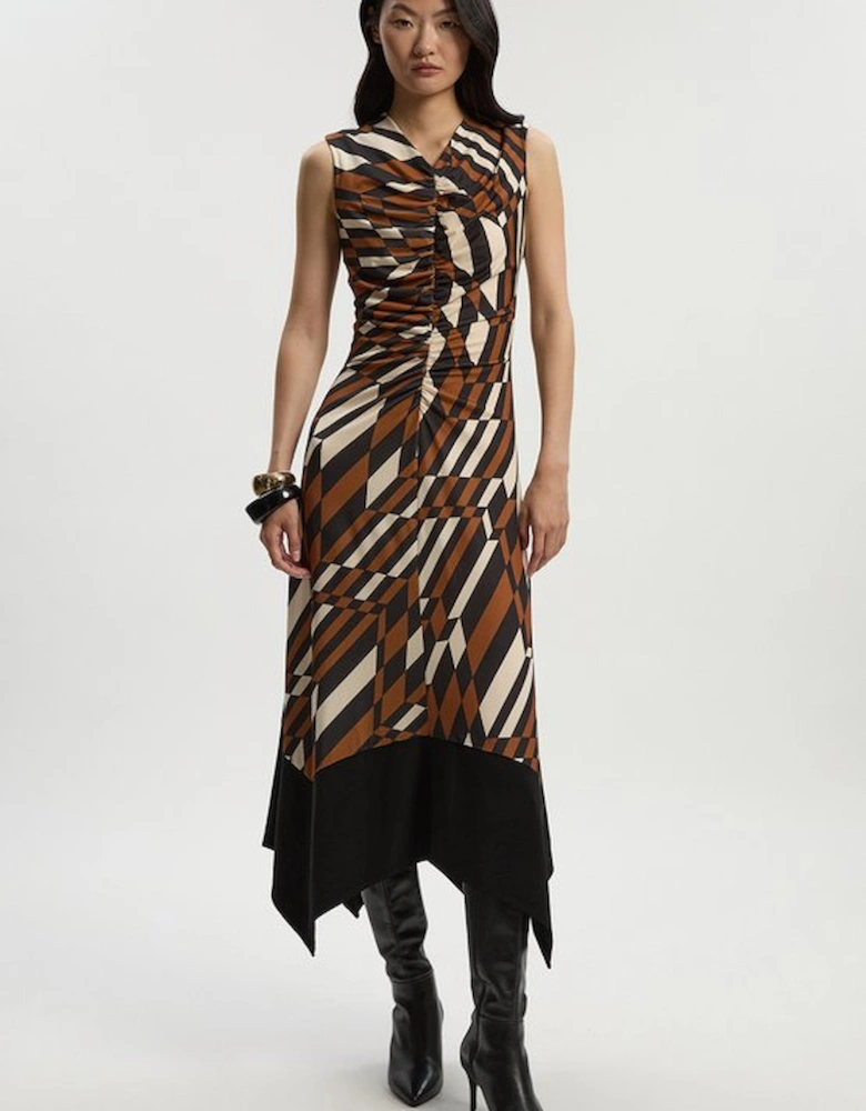 Geo Printed Jersey Crepe Hanky Hem Maxi Dress