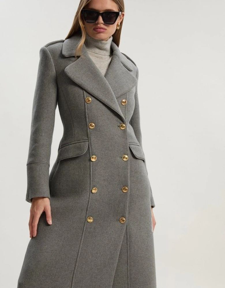 Wool Double Breasted Military Tailored Midi Coat