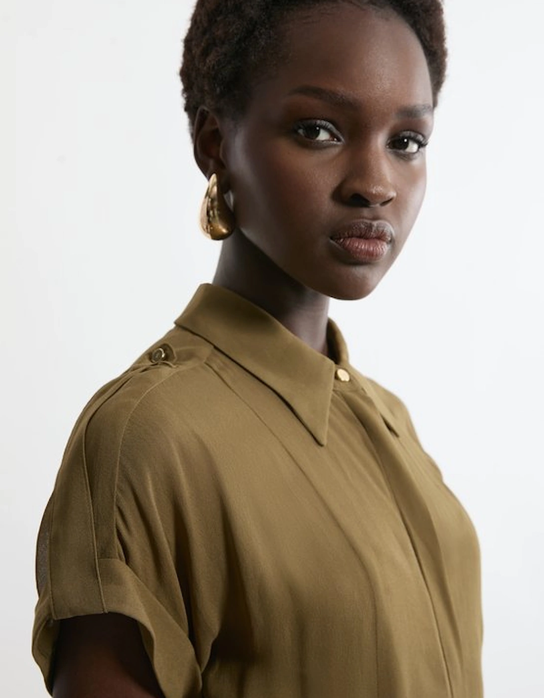 Pleated Woven Viscose Maxi Shirt Dress