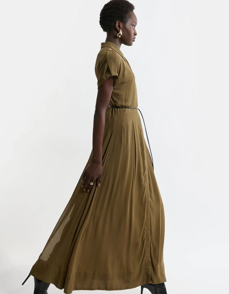 Pleated Woven Viscose Maxi Shirt Dress