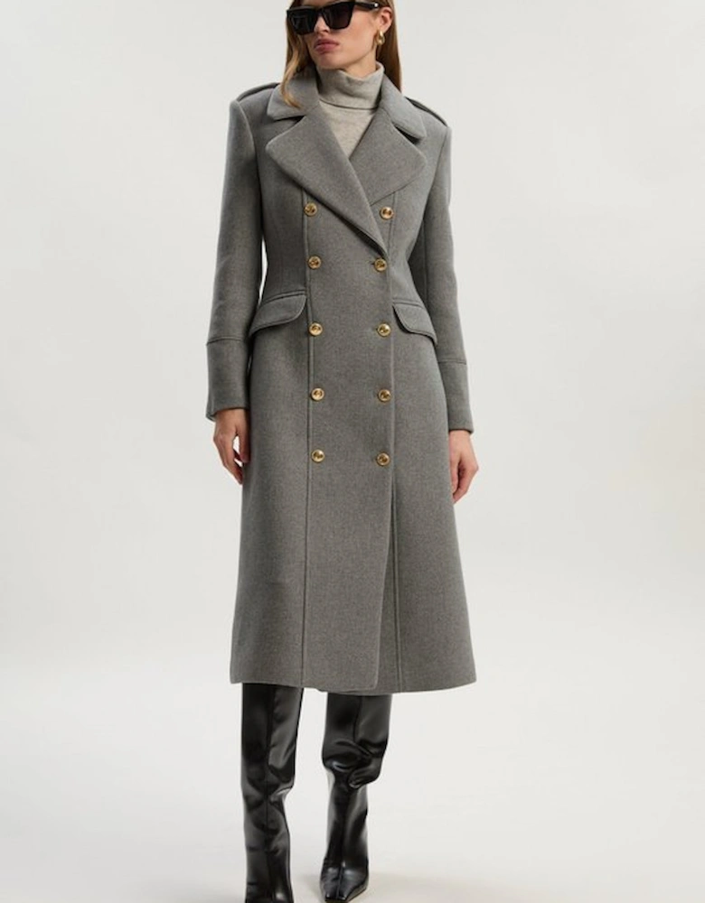Wool Double Breasted Military Tailored Midi Coat