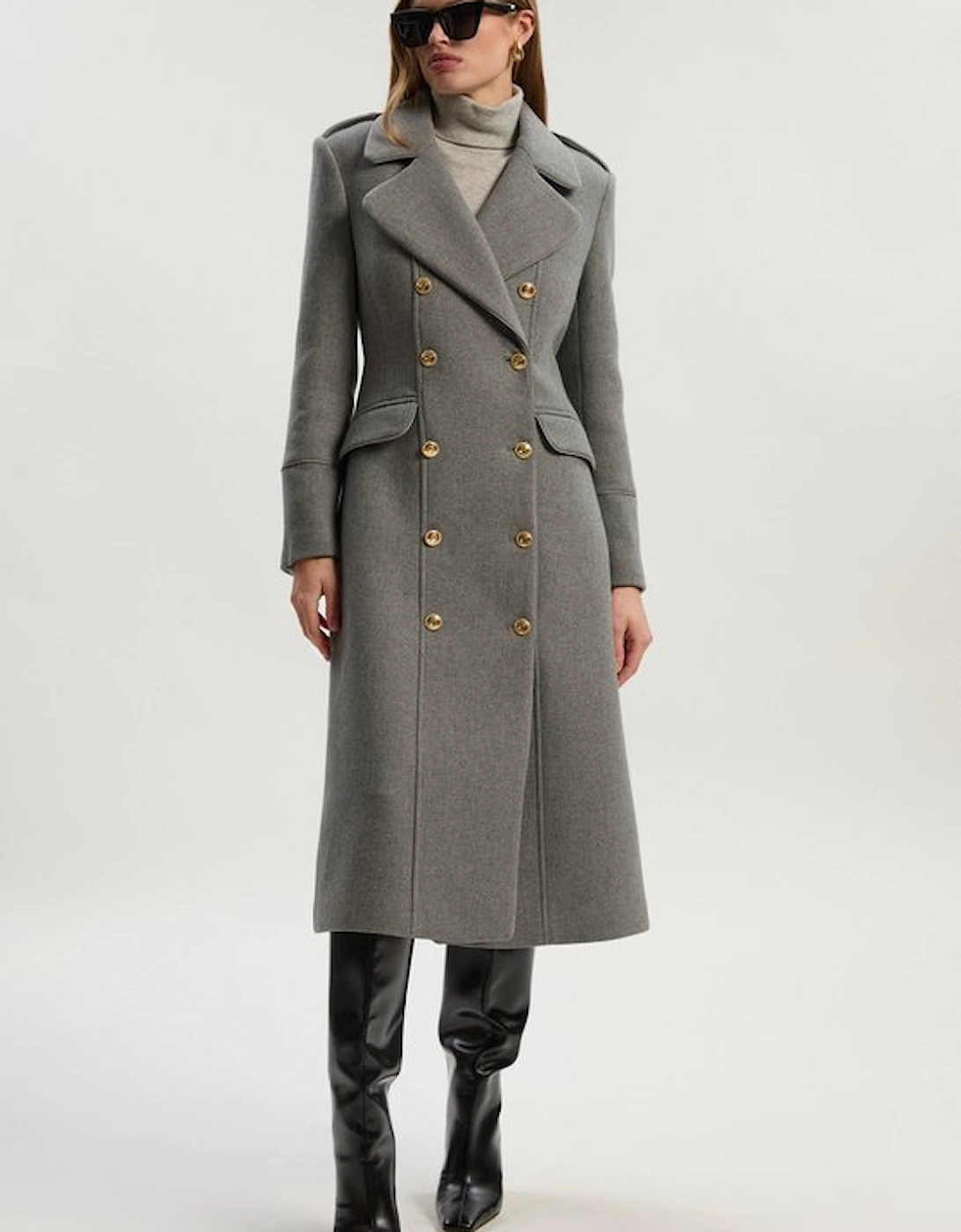 Wool Double Breasted Military Tailored Midi Coat