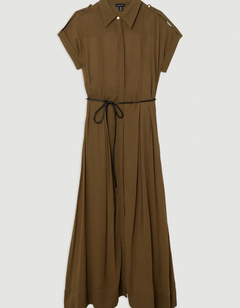 Pleated Woven Viscose Maxi Shirt Dress