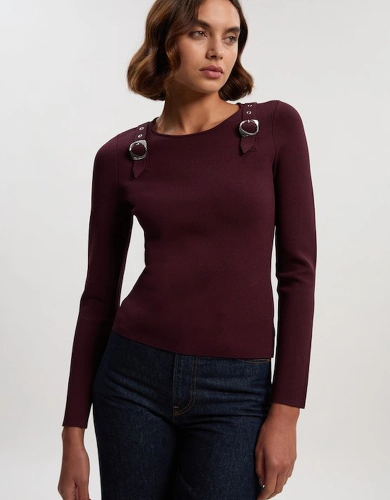 Buckle Trim Long Sleeve Knitted Top