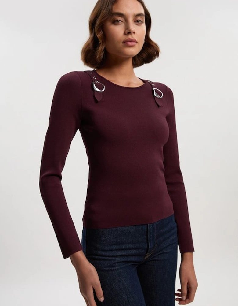 Buckle Trim Long Sleeve Knitted Top